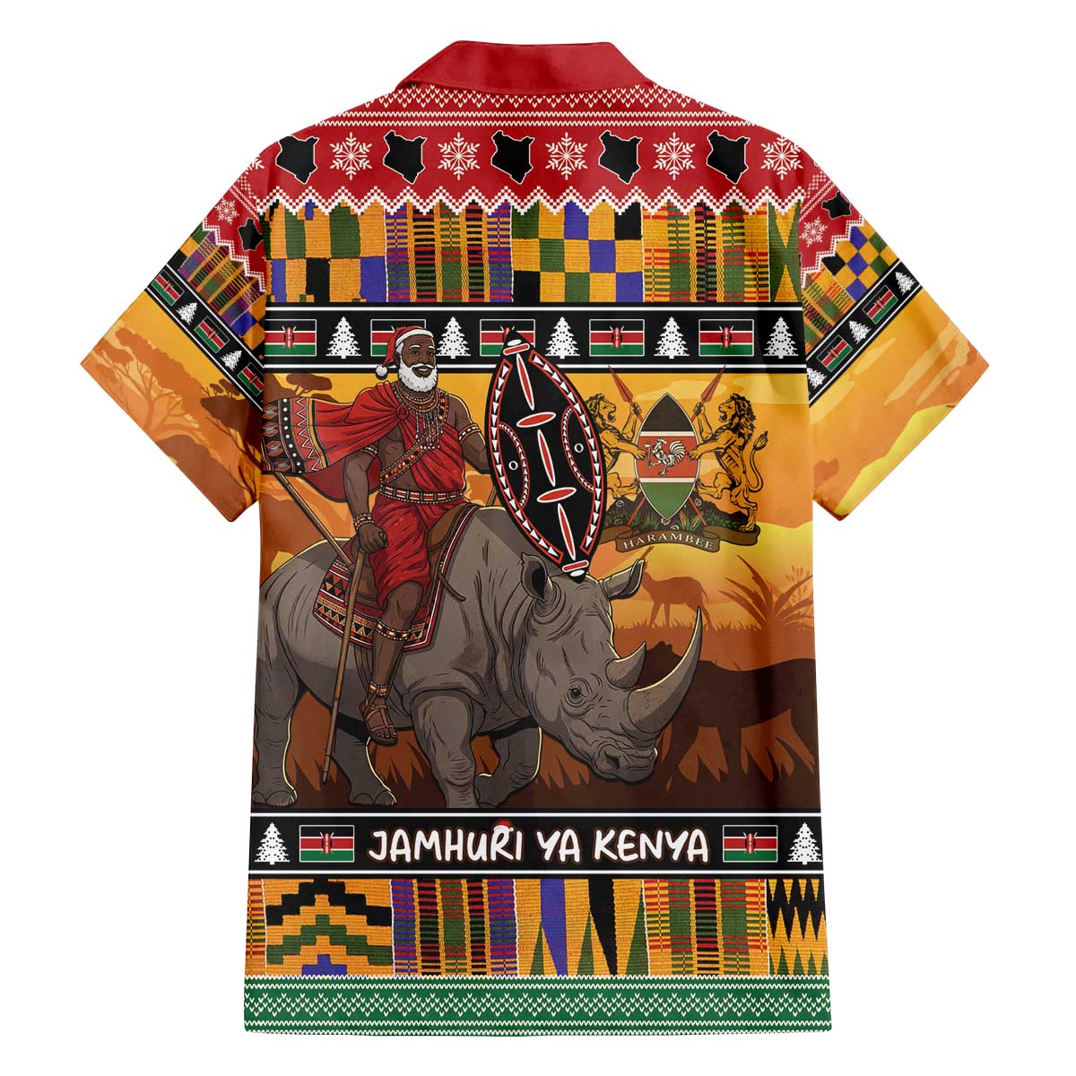 Kenya Safari Christmas Family Matching Off The Shoulder Long Sleeve Dress and Hawaiian Shirt Black Santa Riding Rhinoceros - Heri ya Krismasi - Wonder Print Shop