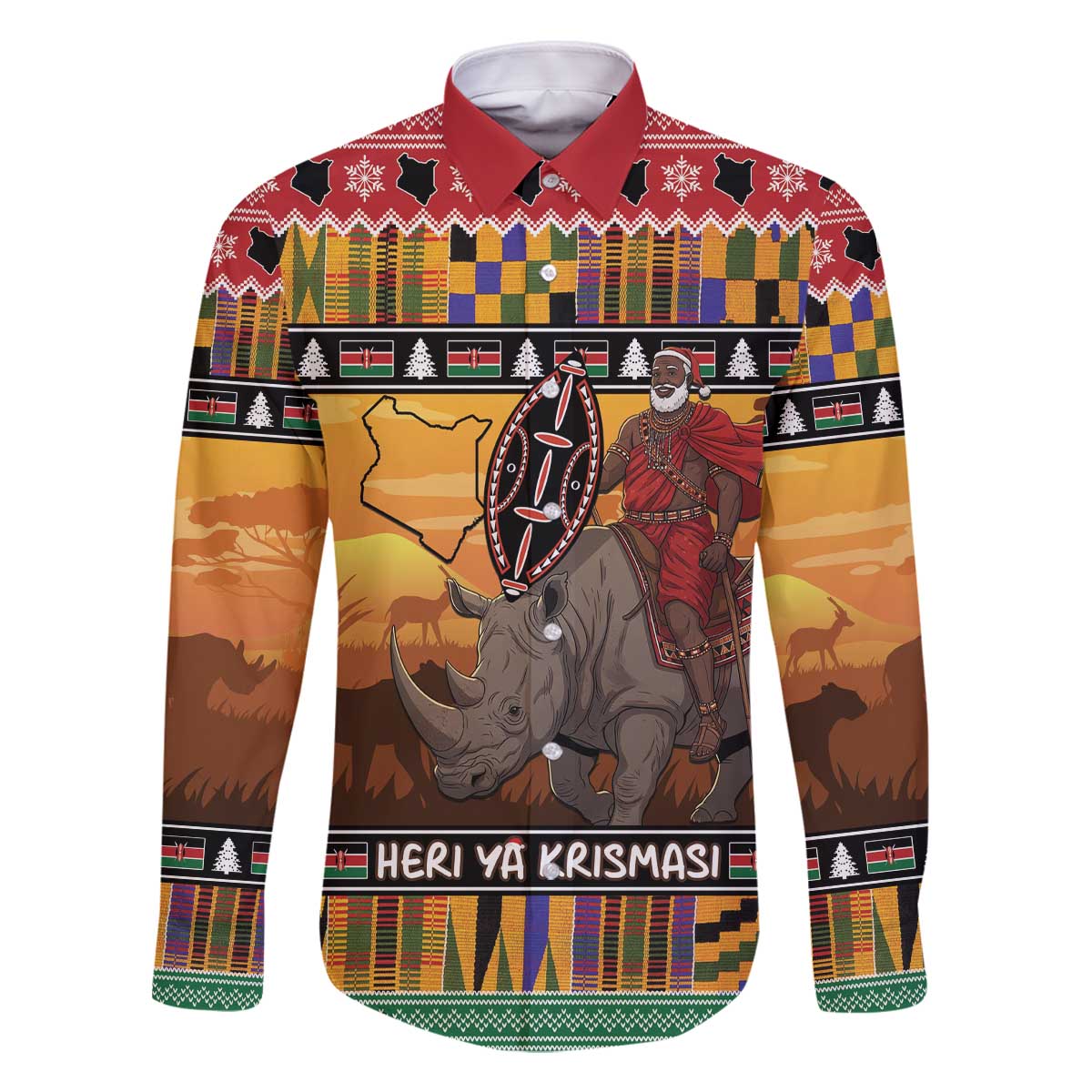 Kenya Safari Christmas Family Matching Off The Shoulder Long Sleeve Dress and Hawaiian Shirt Black Santa Riding Rhinoceros - Heri ya Krismasi - Wonder Print Shop