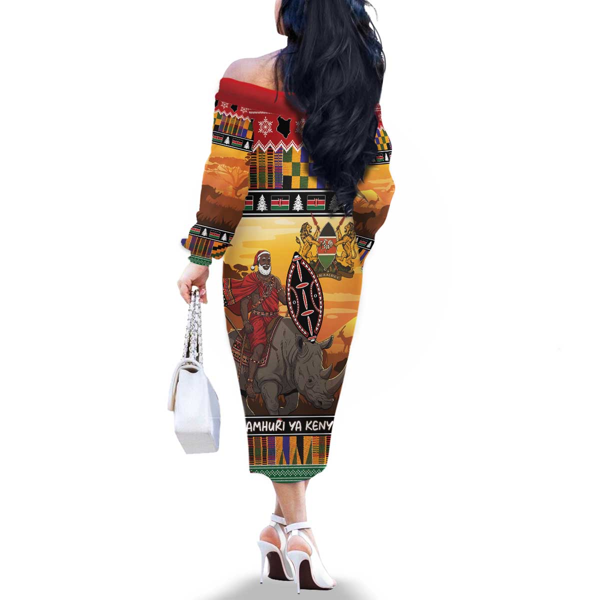 Kenya Safari Christmas Family Matching Off The Shoulder Long Sleeve Dress and Hawaiian Shirt Black Santa Riding Rhinoceros - Heri ya Krismasi - Wonder Print Shop