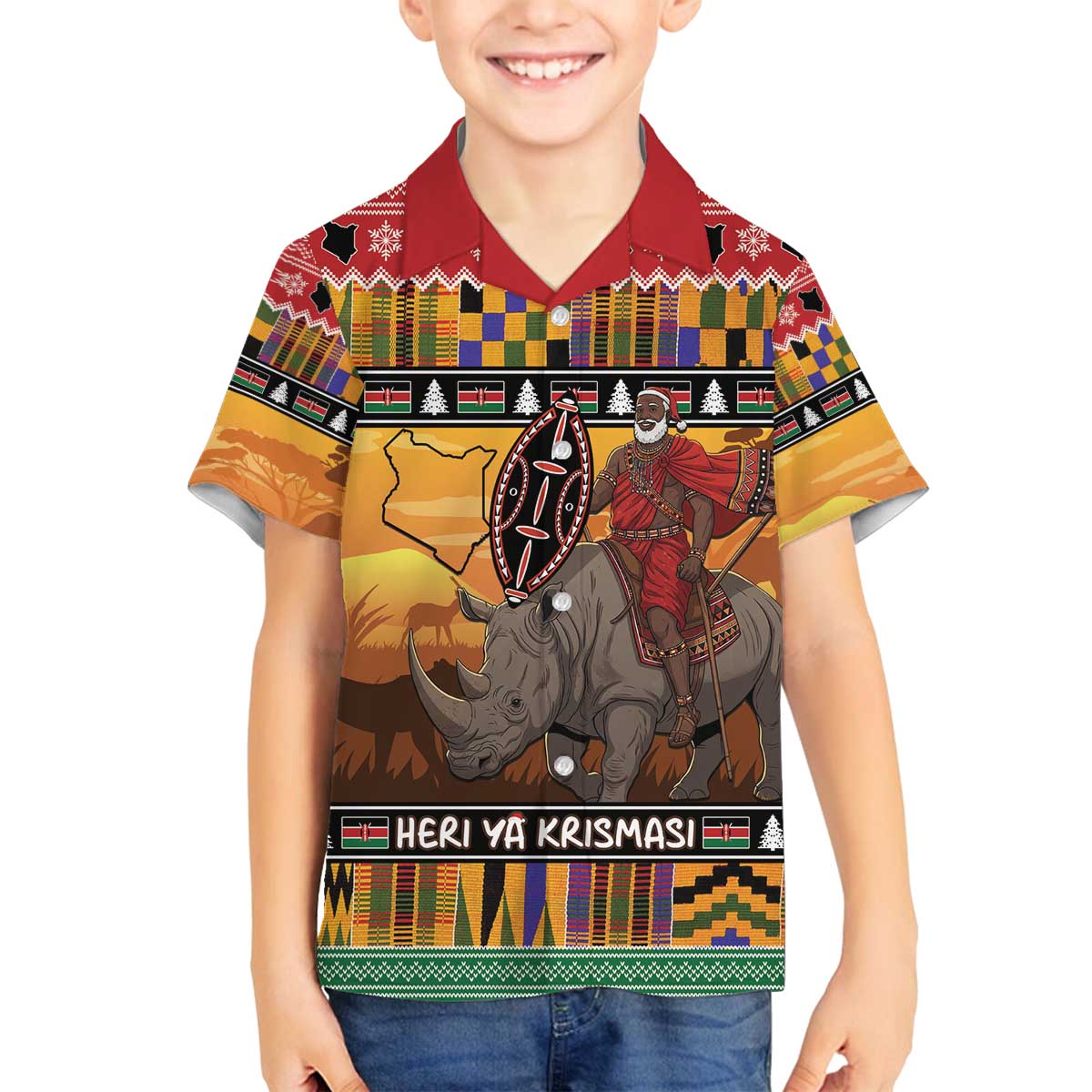 Kenya Safari Christmas Family Matching Off The Shoulder Long Sleeve Dress and Hawaiian Shirt Black Santa Riding Rhinoceros - Heri ya Krismasi - Wonder Print Shop