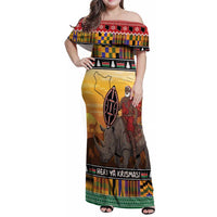 Kenya Safari Christmas Family Matching Off Shoulder Maxi Dress and Hawaiian Shirt Black Santa Riding Rhinoceros - Heri ya Krismasi - Wonder Print Shop