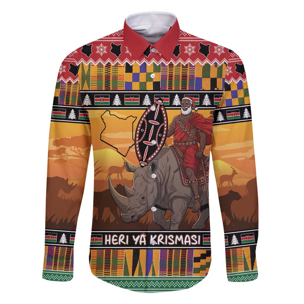 Kenya Safari Christmas Family Matching Off Shoulder Short Dress and Hawaiian Shirt Black Santa Riding Rhinoceros - Heri ya Krismasi - Wonder Print Shop