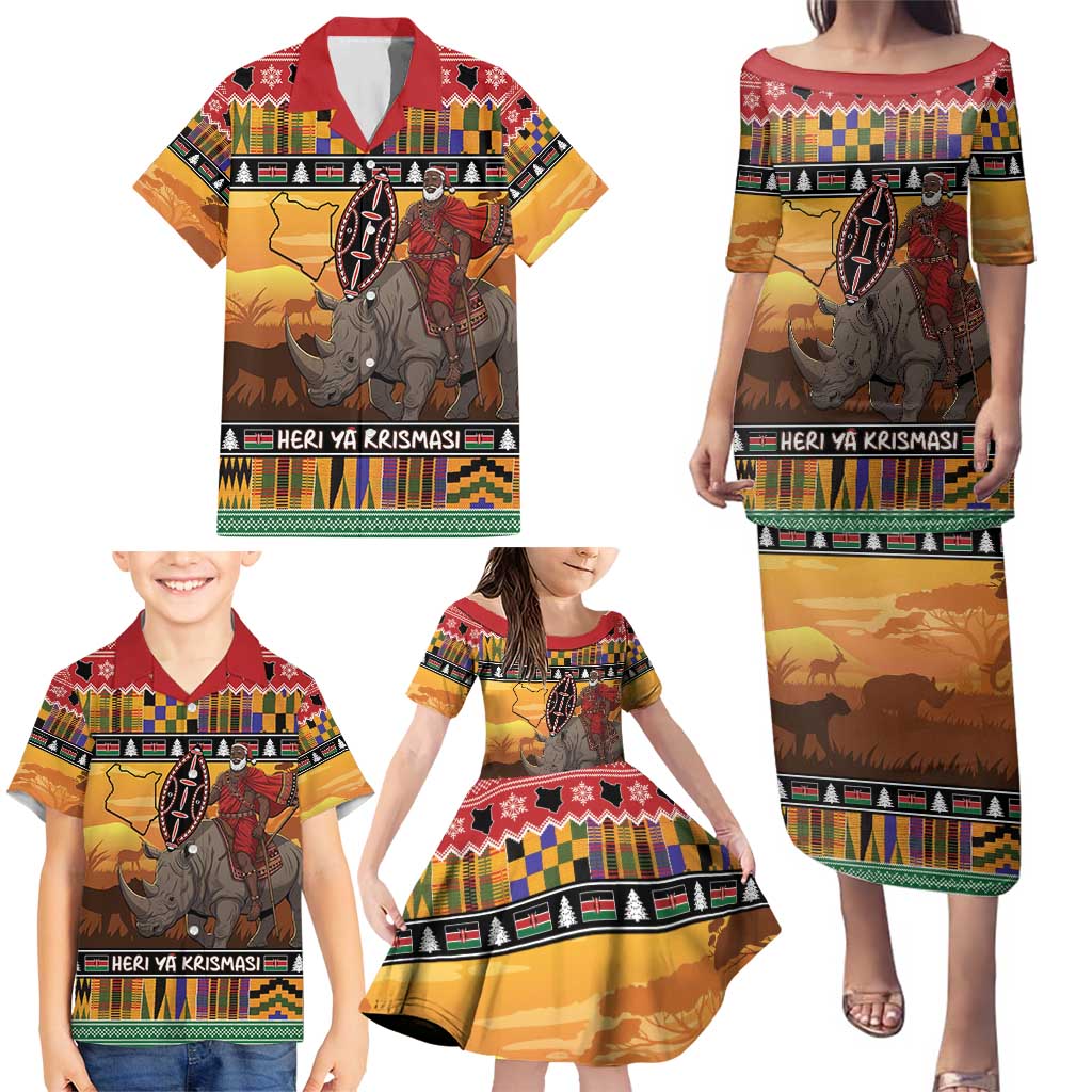 Kenya Safari Christmas Family Matching Puletasi and Hawaiian Shirt Black Santa Riding Rhinoceros - Heri ya Krismasi - Wonder Print Shop