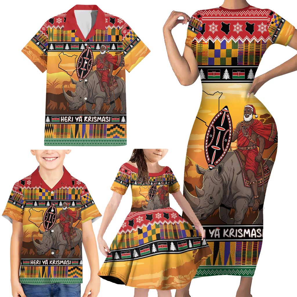 Kenya Safari Christmas Family Matching Short Sleeve Bodycon Dress and Hawaiian Shirt Black Santa Riding Rhinoceros - Heri ya Krismasi - Wonder Print Shop