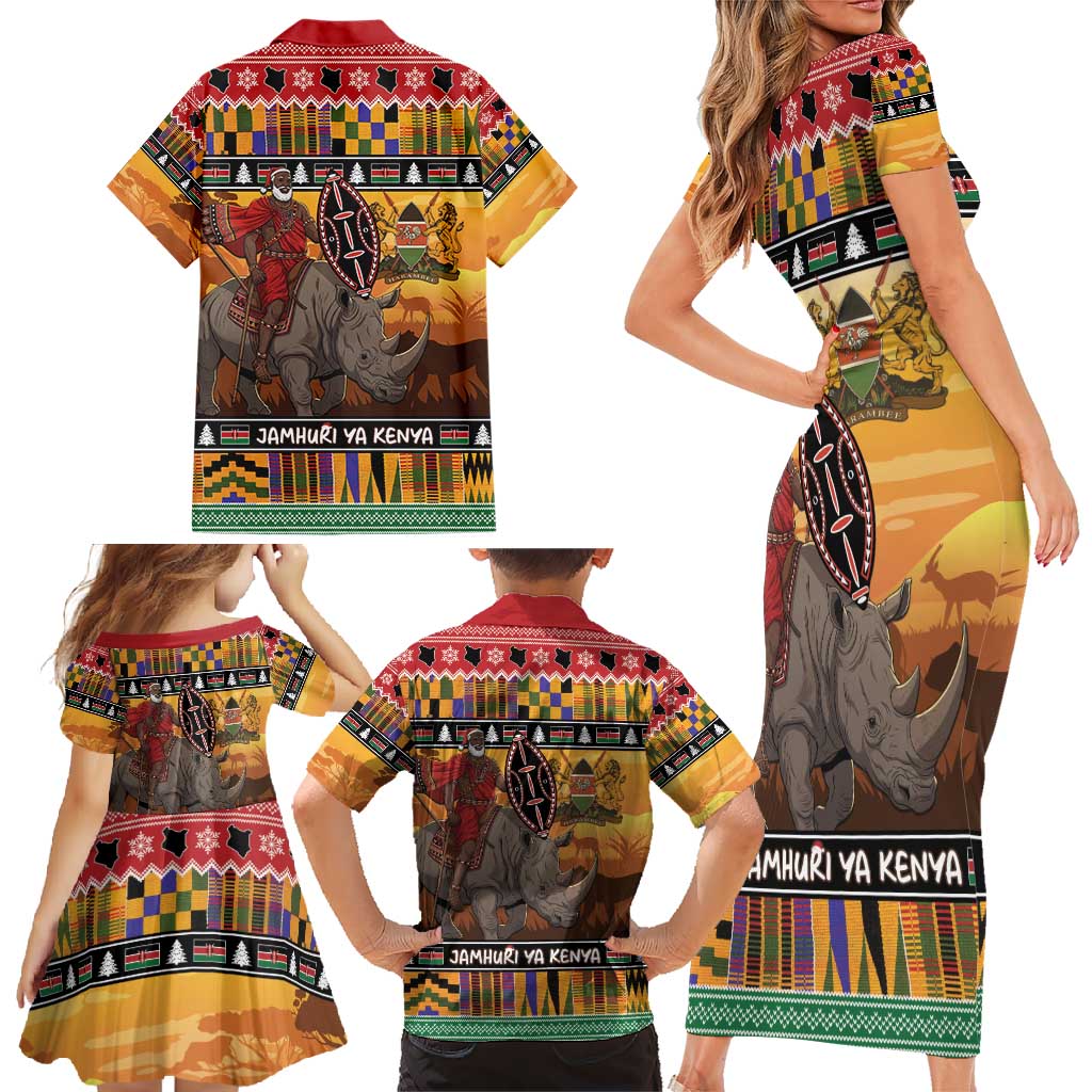 Kenya Safari Christmas Family Matching Short Sleeve Bodycon Dress and Hawaiian Shirt Black Santa Riding Rhinoceros - Heri ya Krismasi - Wonder Print Shop