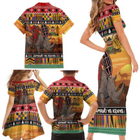 Kenya Safari Christmas Family Matching Short Sleeve Bodycon Dress and Hawaiian Shirt Black Santa Riding Rhinoceros - Heri ya Krismasi - Wonder Print Shop