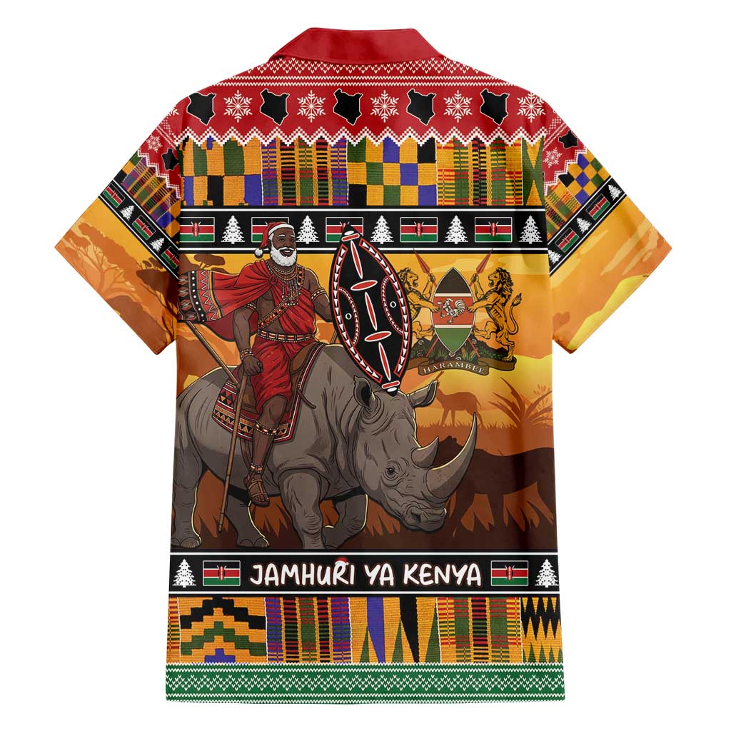 Kenya Safari Christmas Family Matching Short Sleeve Bodycon Dress and Hawaiian Shirt Black Santa Riding Rhinoceros - Heri ya Krismasi - Wonder Print Shop
