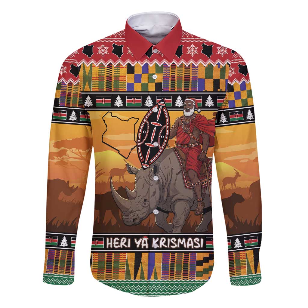 Kenya Safari Christmas Family Matching Short Sleeve Bodycon Dress and Hawaiian Shirt Black Santa Riding Rhinoceros - Heri ya Krismasi - Wonder Print Shop
