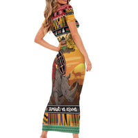 Kenya Safari Christmas Family Matching Short Sleeve Bodycon Dress and Hawaiian Shirt Black Santa Riding Rhinoceros - Heri ya Krismasi - Wonder Print Shop