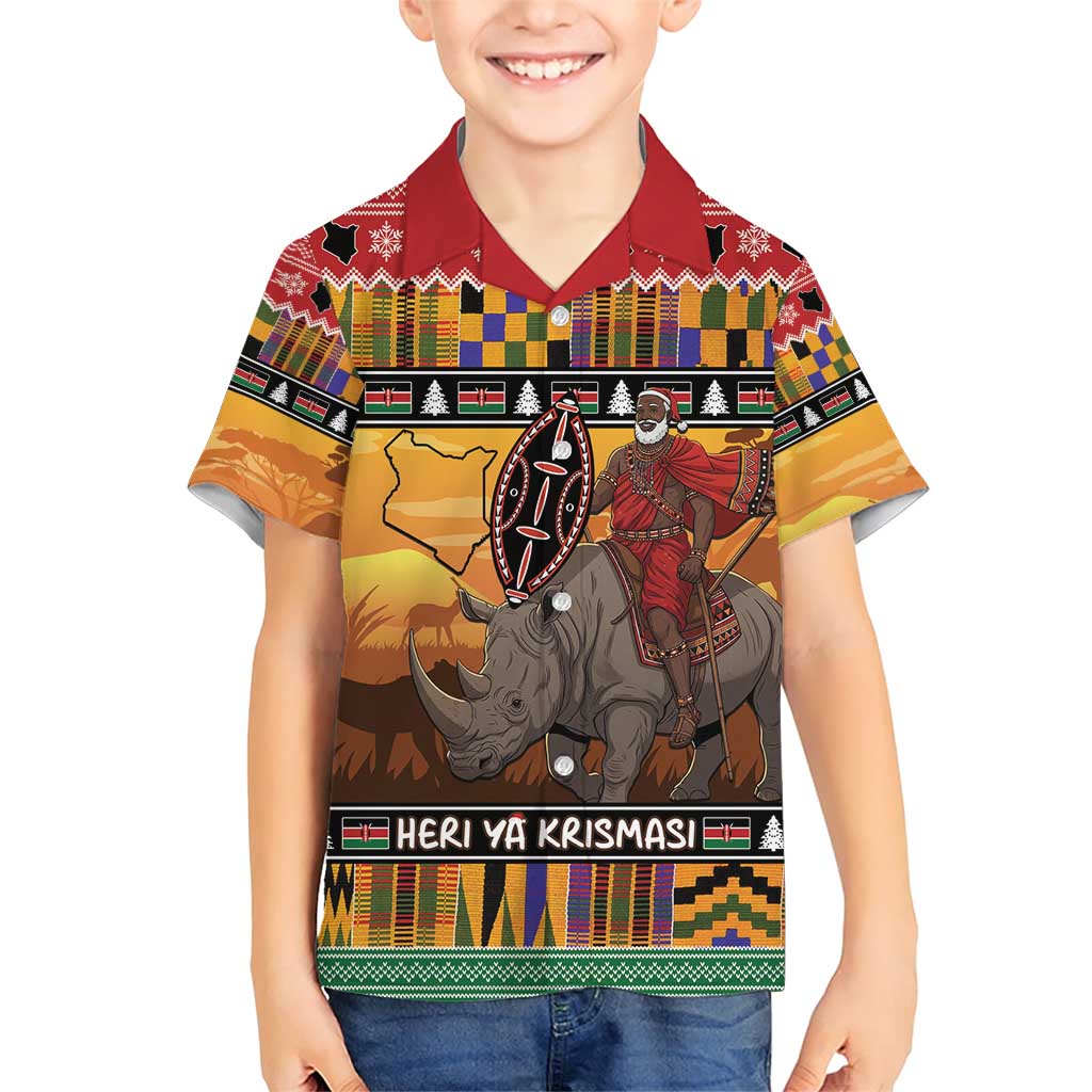 Kenya Safari Christmas Family Matching Short Sleeve Bodycon Dress and Hawaiian Shirt Black Santa Riding Rhinoceros - Heri ya Krismasi - Wonder Print Shop