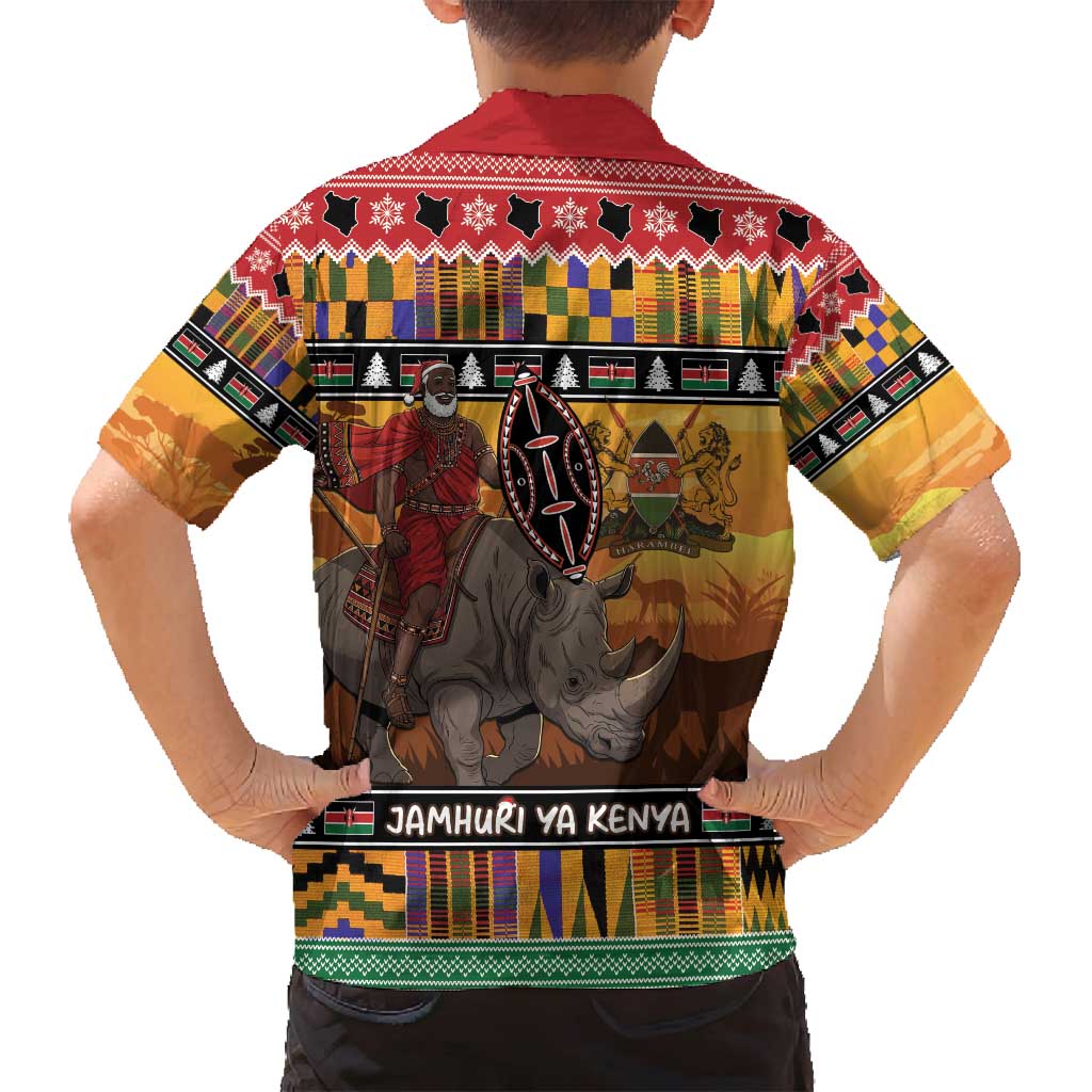 Kenya Safari Christmas Family Matching Summer Maxi Dress and Hawaiian Shirt Black Santa Riding Rhinoceros - Heri ya Krismasi - Wonder Print Shop