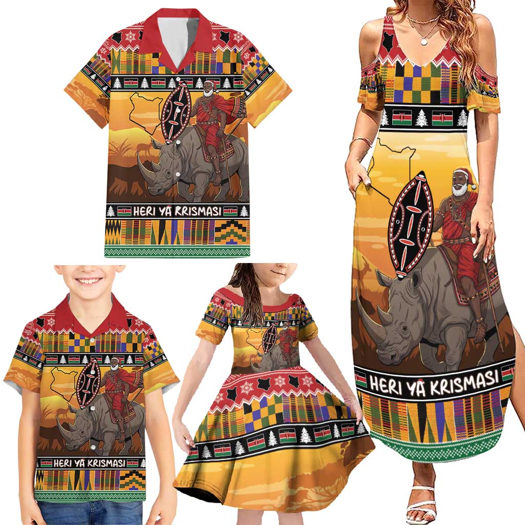 Kenya Safari Christmas Family Matching Summer Maxi Dress and Hawaiian Shirt Black Santa Riding Rhinoceros - Heri ya Krismasi - Wonder Print Shop