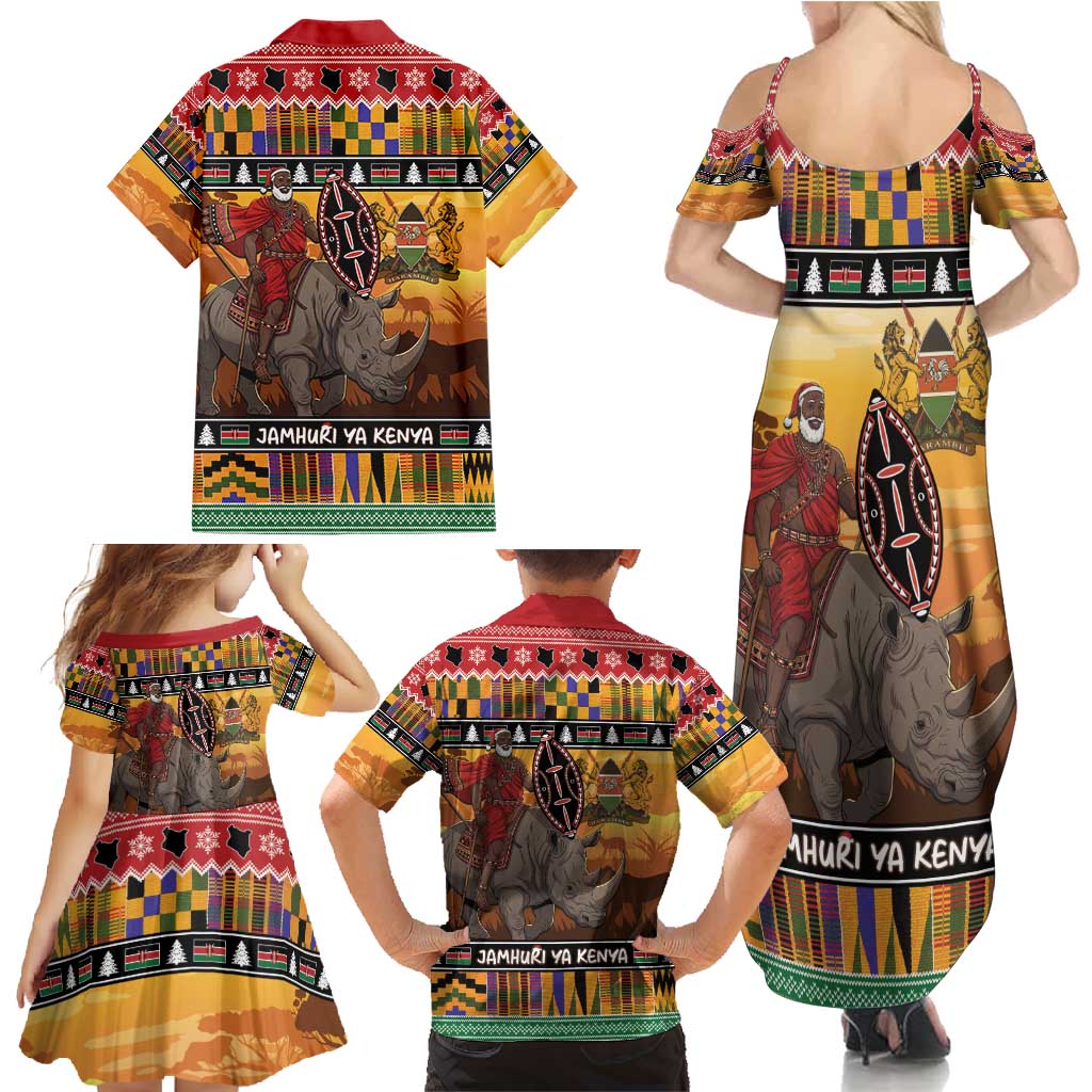 Kenya Safari Christmas Family Matching Summer Maxi Dress and Hawaiian Shirt Black Santa Riding Rhinoceros - Heri ya Krismasi - Wonder Print Shop