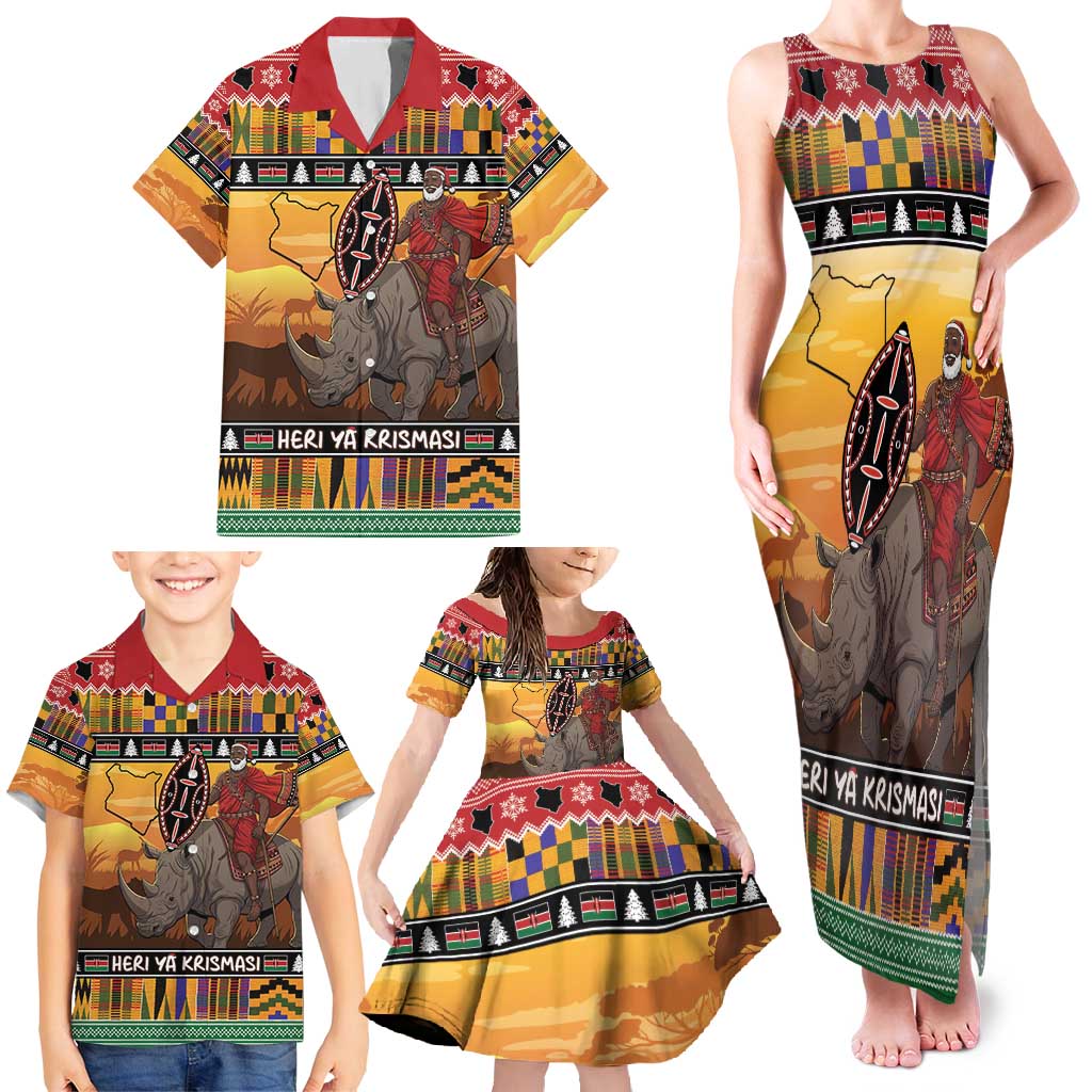 Kenya Safari Christmas Family Matching Tank Maxi Dress and Hawaiian Shirt Black Santa Riding Rhinoceros - Heri ya Krismasi - Wonder Print Shop