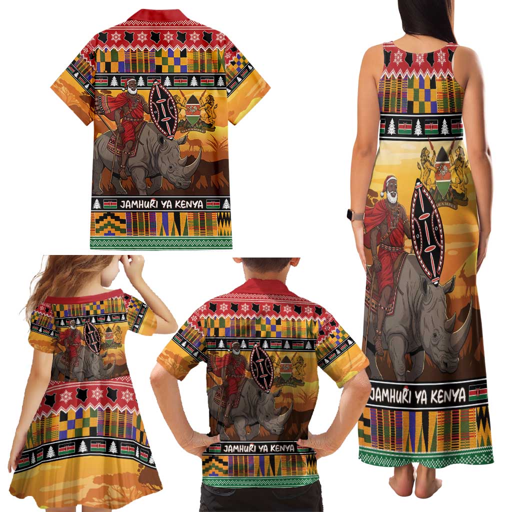Kenya Safari Christmas Family Matching Tank Maxi Dress and Hawaiian Shirt Black Santa Riding Rhinoceros - Heri ya Krismasi - Wonder Print Shop