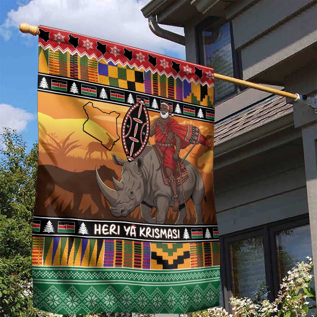 Kenya Safari Christmas Garden Flag Black Santa Riding Rhinoceros - Heri ya Krismasi - Wonder Print Shop