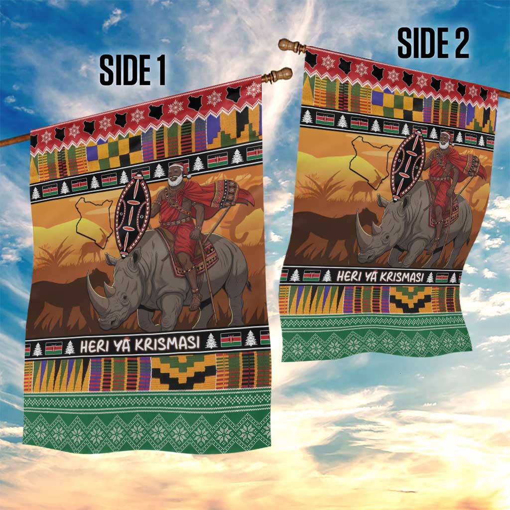 Kenya Safari Christmas Garden Flag Black Santa Riding Rhinoceros - Heri ya Krismasi - Wonder Print Shop