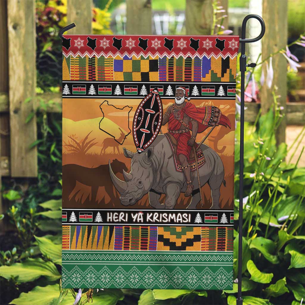Kenya Safari Christmas Garden Flag Black Santa Riding Rhinoceros - Heri ya Krismasi - Wonder Print Shop