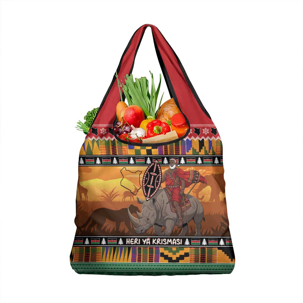 Kenya Safari Christmas Grocery Bag Black Santa Riding Rhinoceros - Heri ya Krismasi - Wonder Print Shop