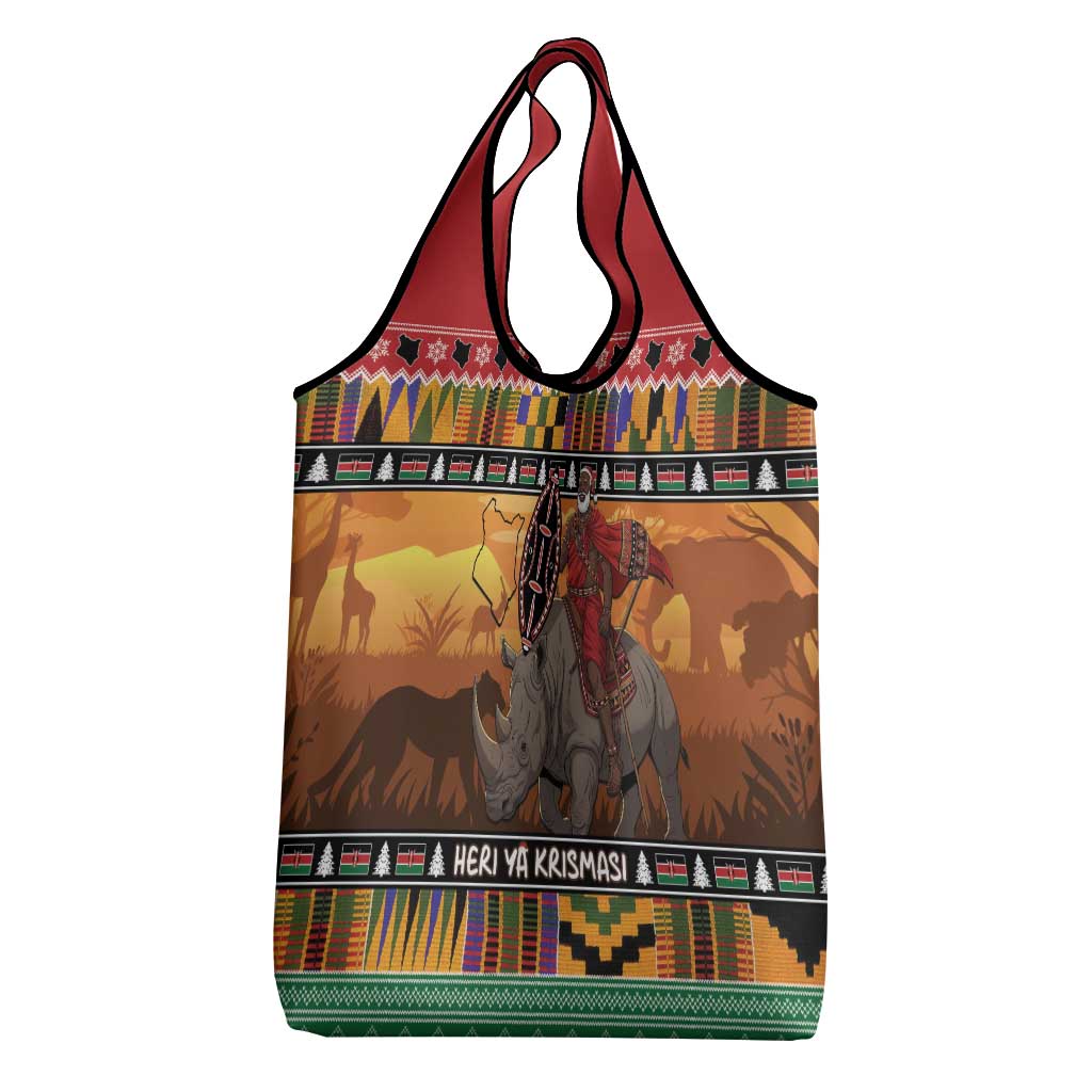 Kenya Safari Christmas Grocery Bag Black Santa Riding Rhinoceros - Heri ya Krismasi - Wonder Print Shop