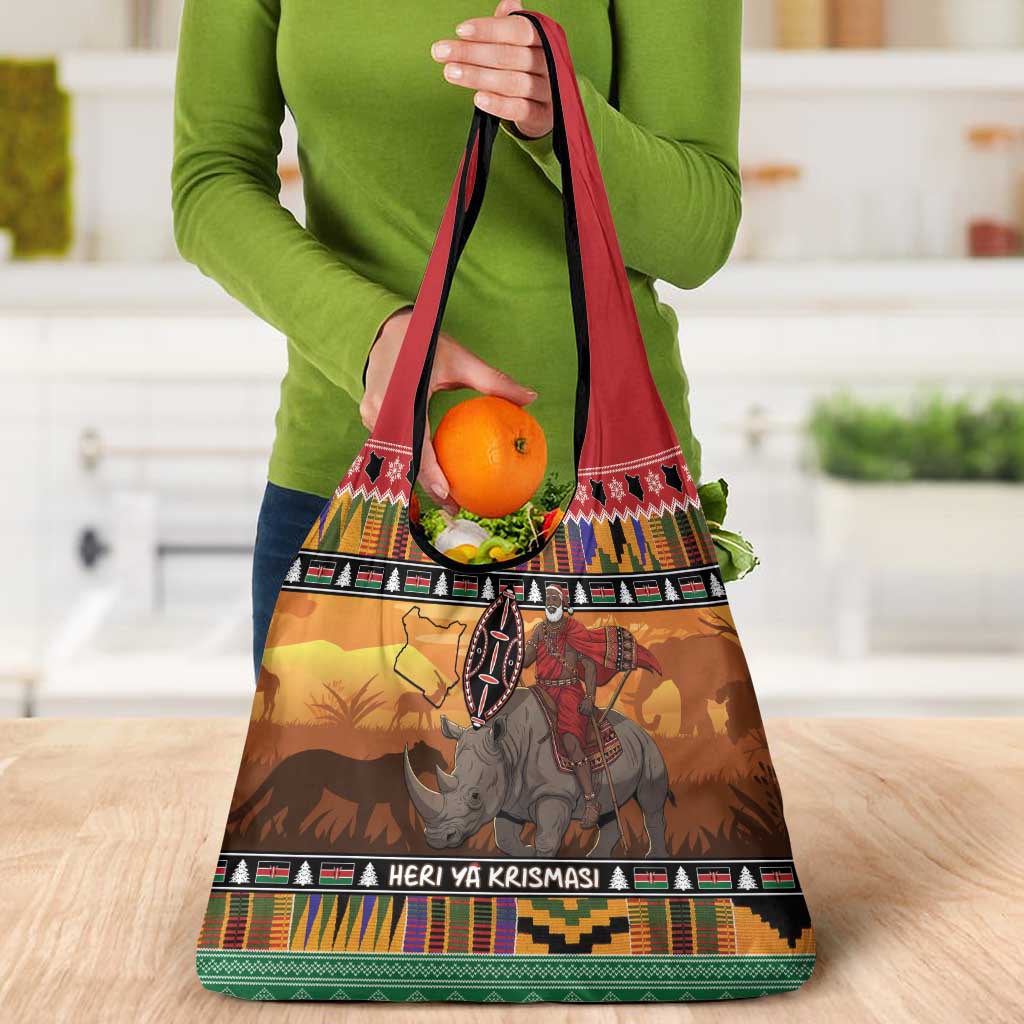 Kenya Safari Christmas Grocery Bag Black Santa Riding Rhinoceros - Heri ya Krismasi - Wonder Print Shop