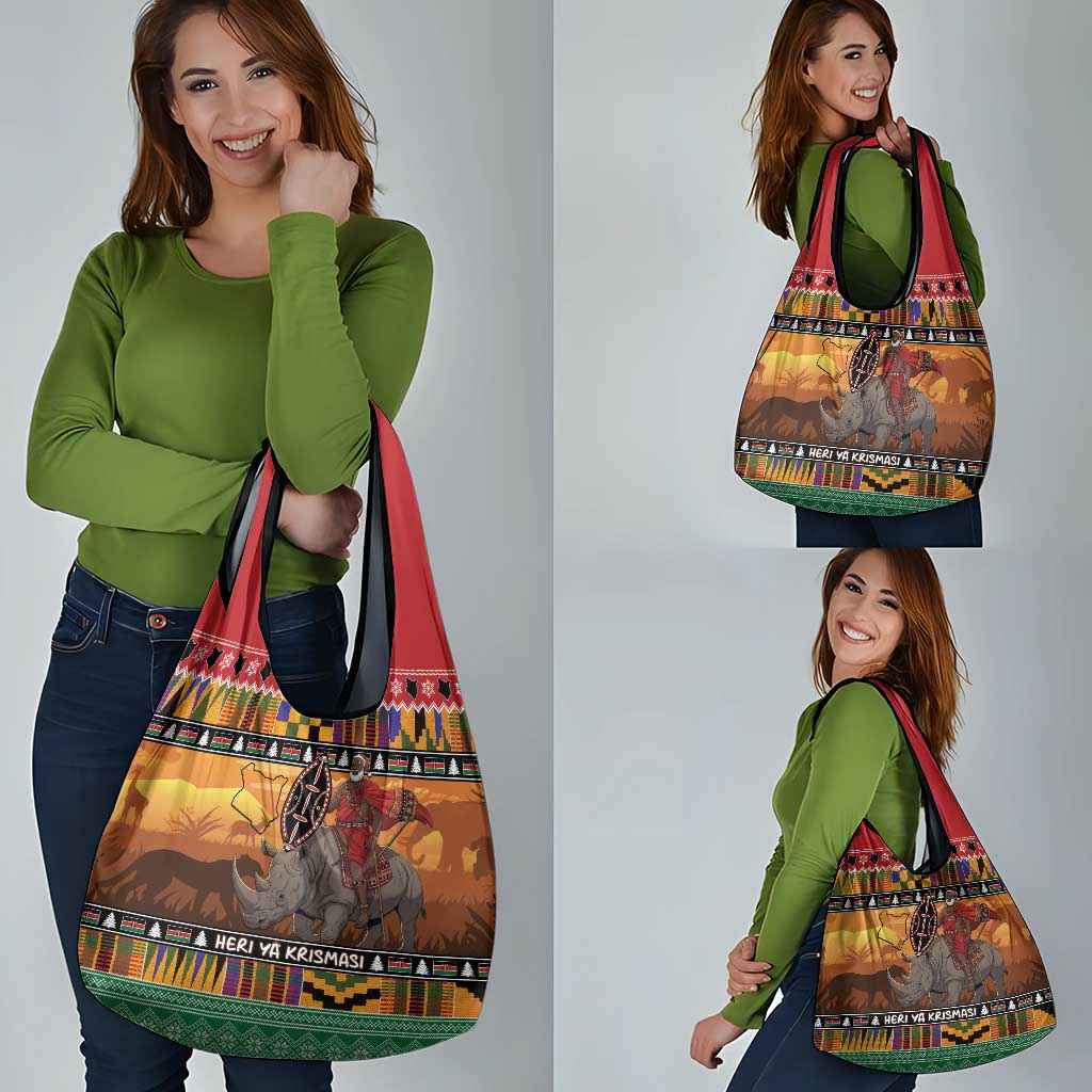 Kenya Safari Christmas Grocery Bag Black Santa Riding Rhinoceros - Heri ya Krismasi - Wonder Print Shop