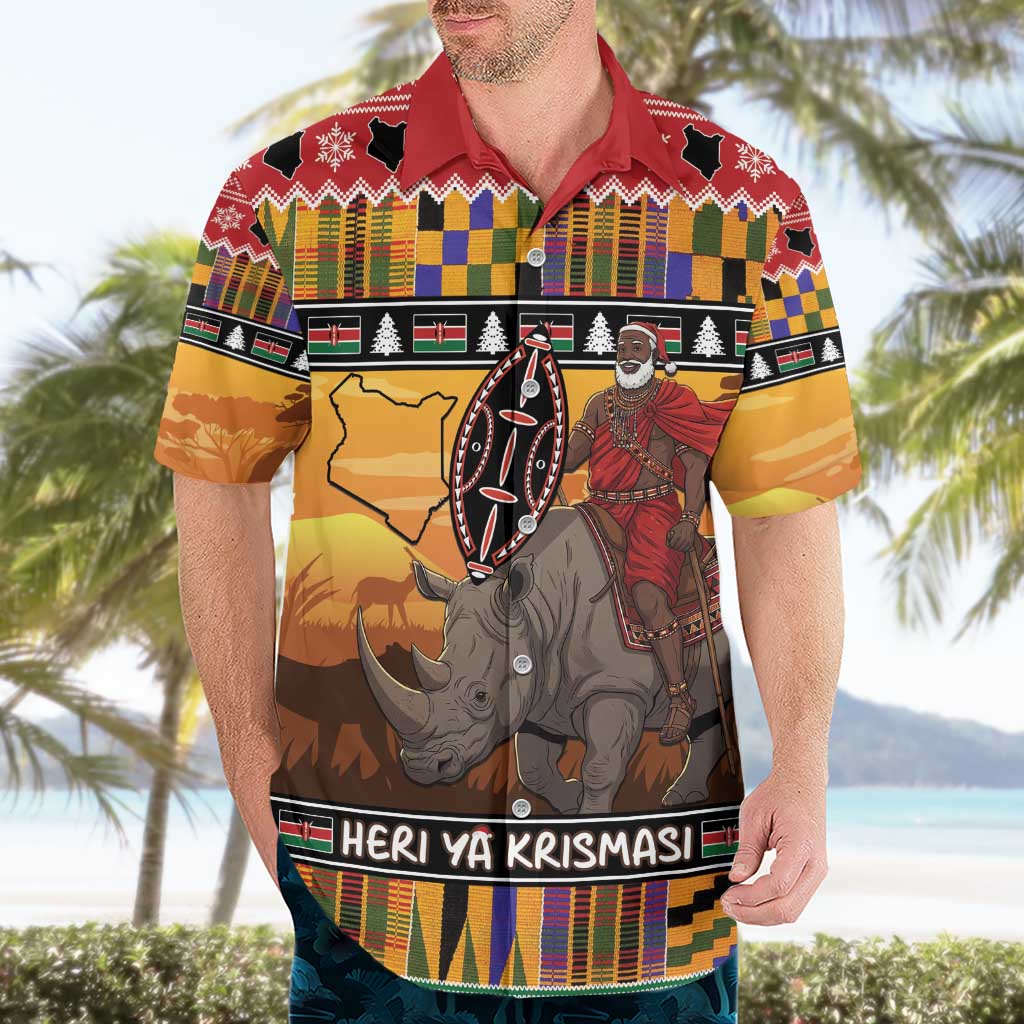 Kenya Safari Christmas Hawaiian Shirt Black Santa Riding Rhinoceros - Heri ya Krismasi - Wonder Print Shop