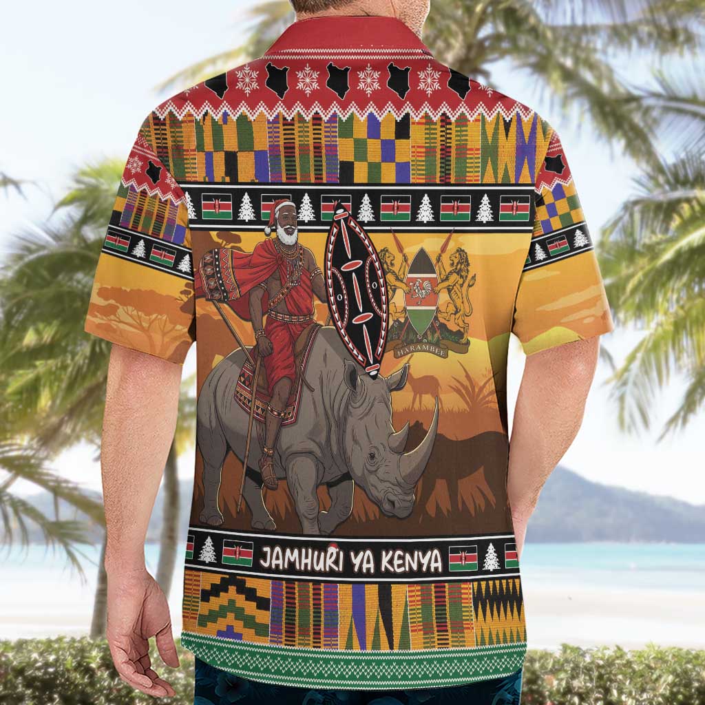 Kenya Safari Christmas Hawaiian Shirt Black Santa Riding Rhinoceros - Heri ya Krismasi - Wonder Print Shop