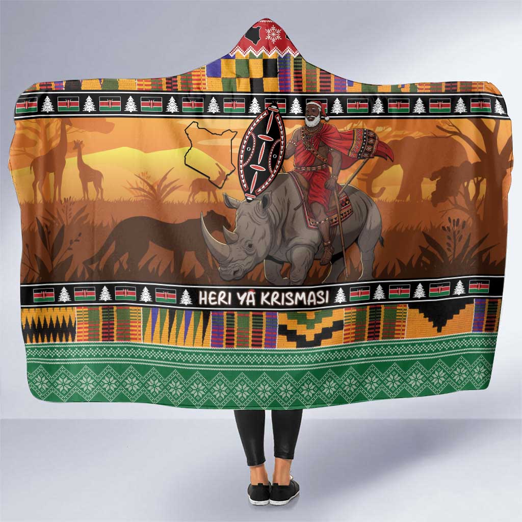 Kenya Safari Christmas Hooded Blanket Black Santa Riding Rhinoceros - Heri ya Krismasi - Wonder Print Shop