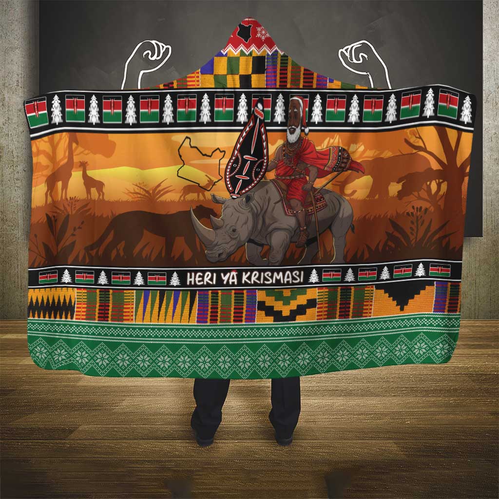 Kenya Safari Christmas Hooded Blanket Black Santa Riding Rhinoceros - Heri ya Krismasi - Wonder Print Shop