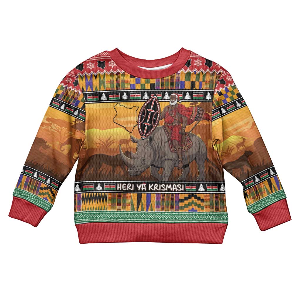 Kenya Safari Christmas Kid Ugly Christmas Sweater Black Santa Riding Rhinoceros - Heri ya Krismasi - Wonder Print Shop