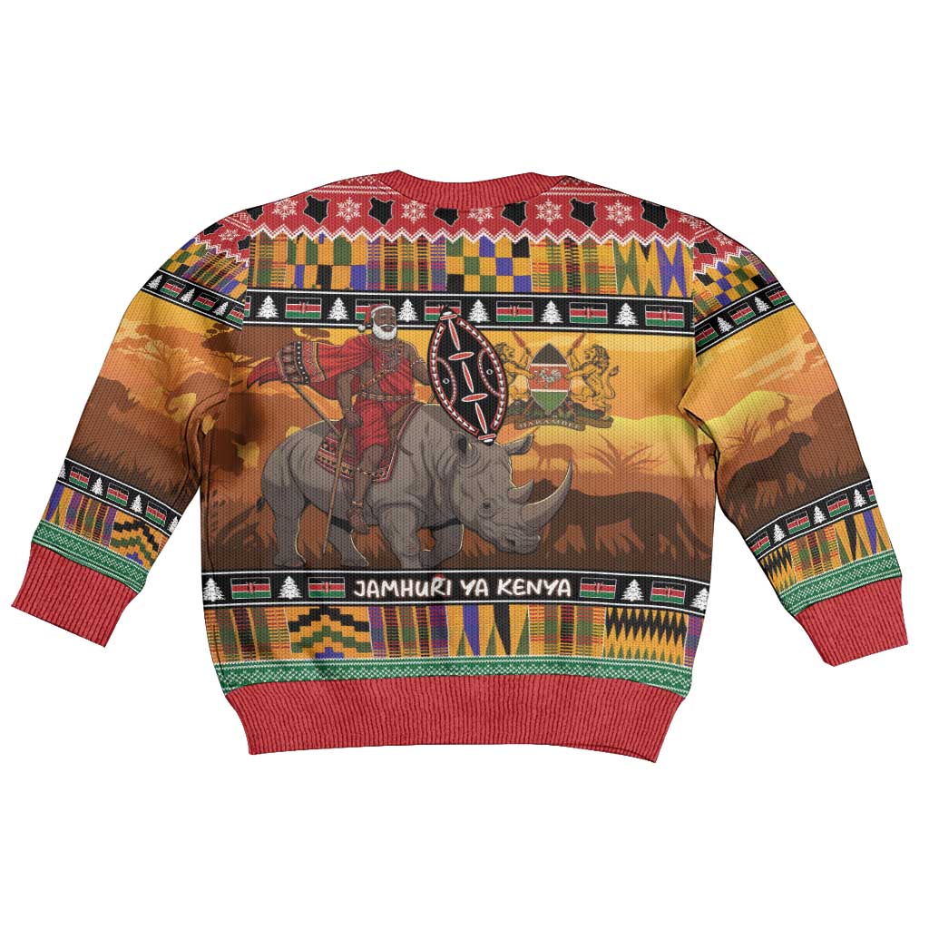 Kenya Safari Christmas Kid Ugly Christmas Sweater Black Santa Riding Rhinoceros - Heri ya Krismasi - Wonder Print Shop
