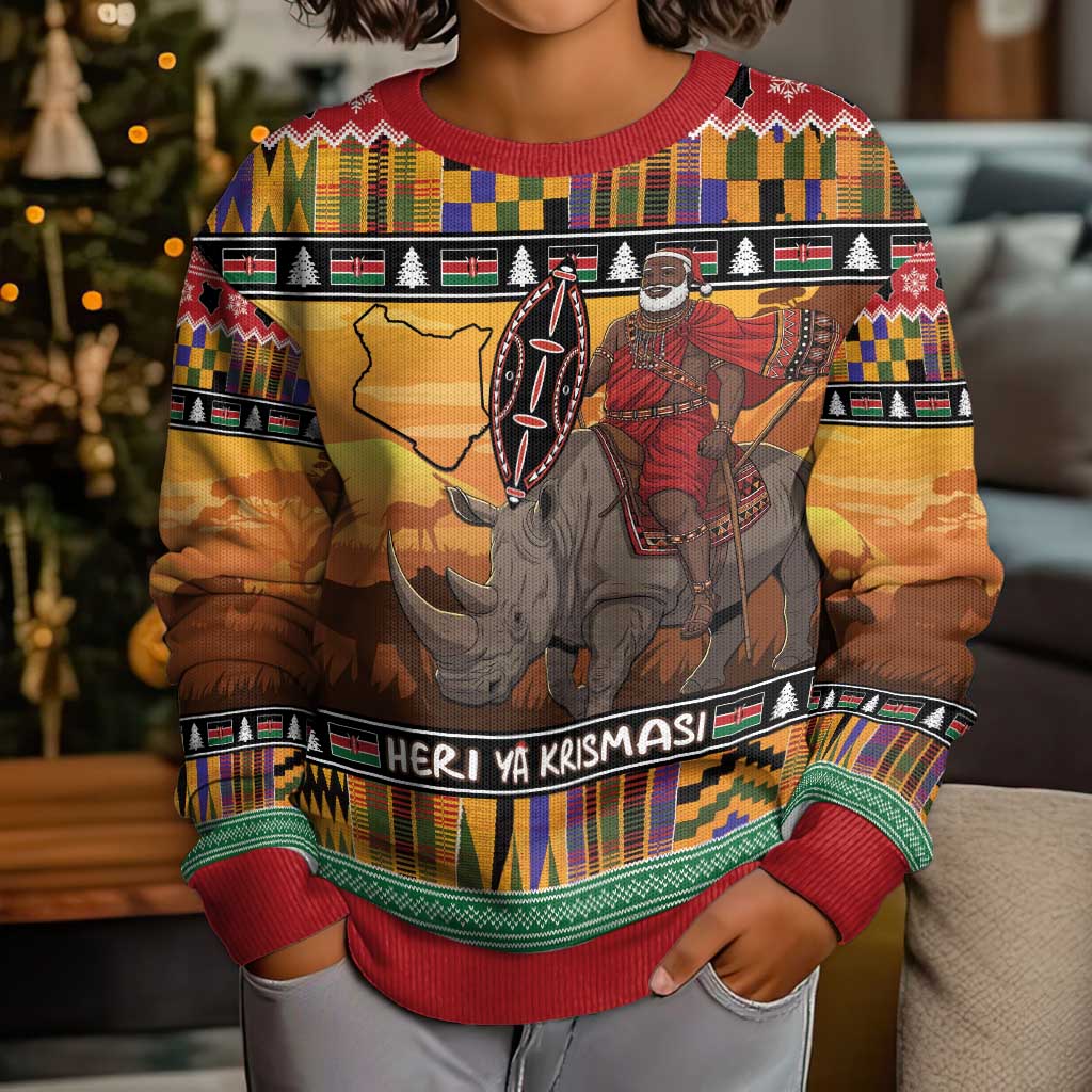 Kenya Safari Christmas Kid Ugly Christmas Sweater Black Santa Riding Rhinoceros - Heri ya Krismasi - Wonder Print Shop