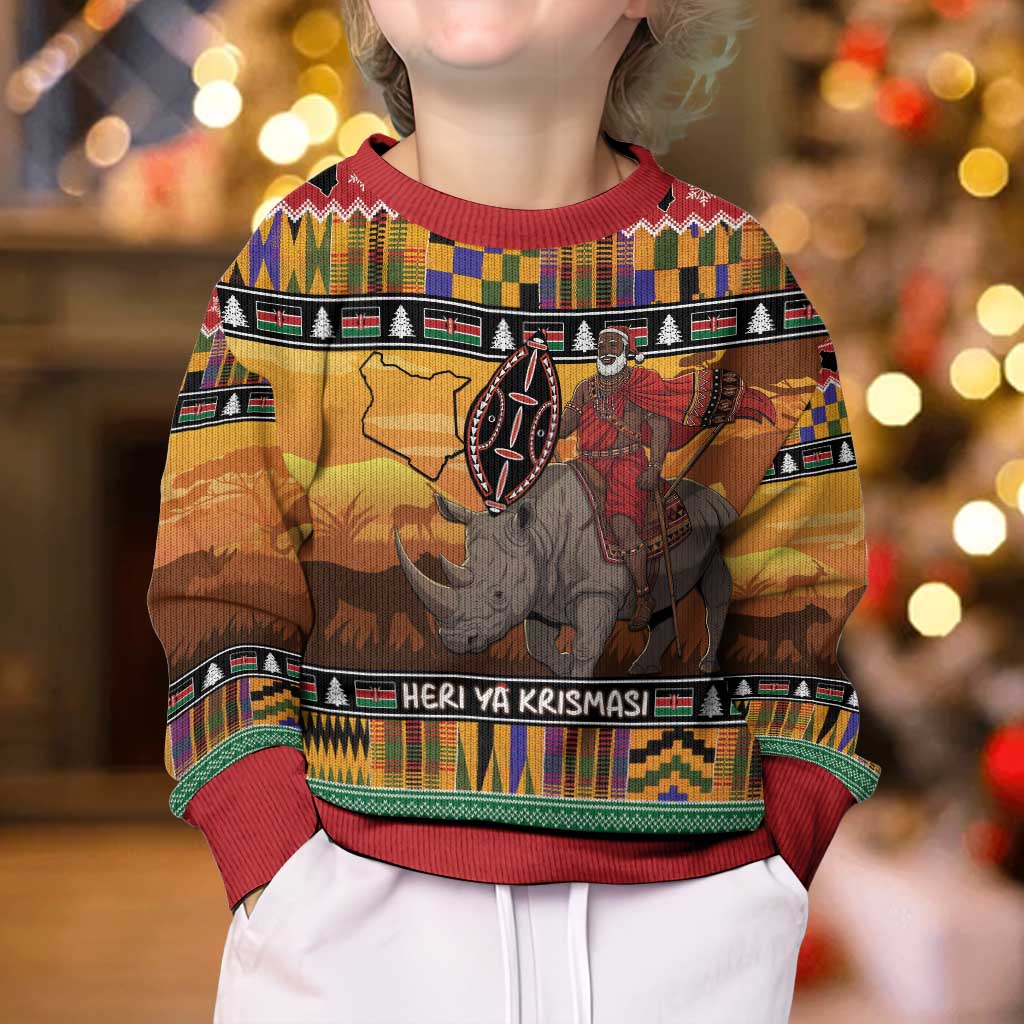 Kenya Safari Christmas Kid Ugly Christmas Sweater Black Santa Riding Rhinoceros - Heri ya Krismasi - Wonder Print Shop