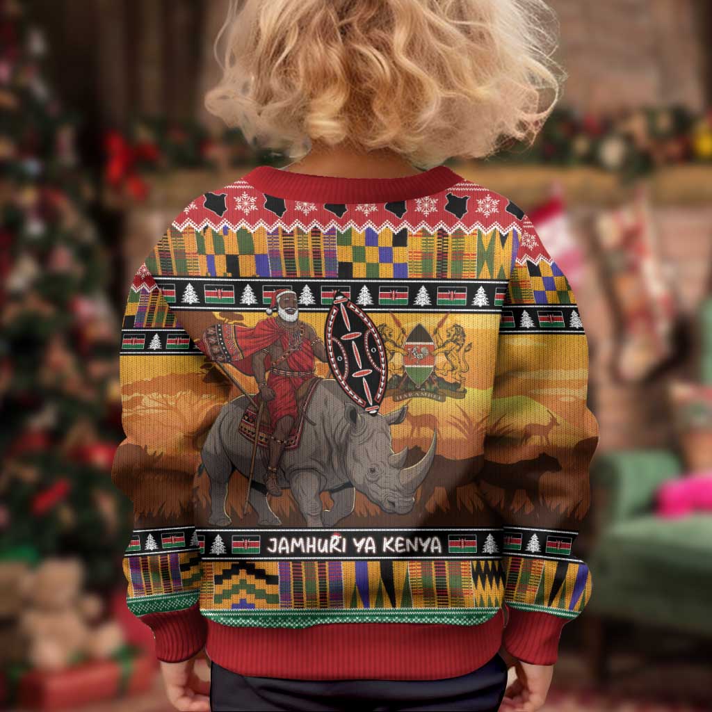 Kenya Safari Christmas Kid Ugly Christmas Sweater Black Santa Riding Rhinoceros - Heri ya Krismasi - Wonder Print Shop
