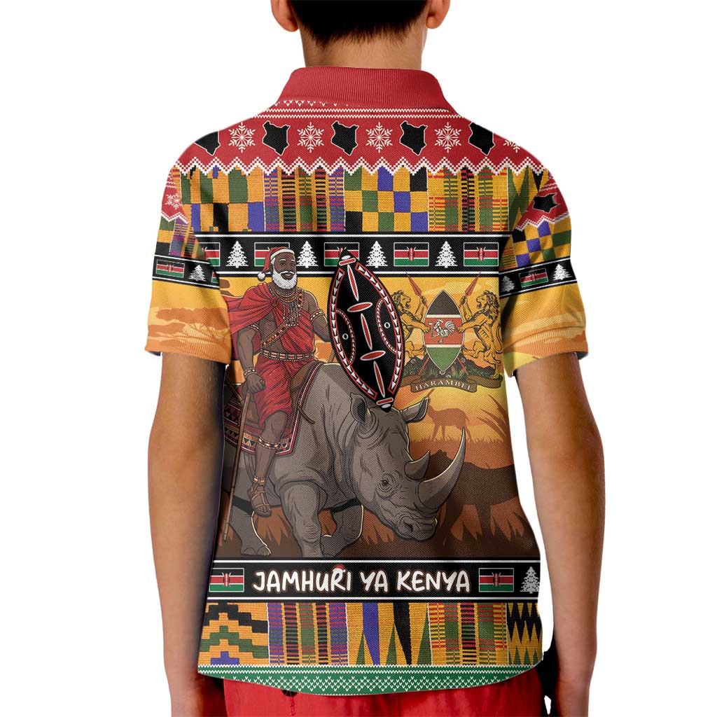Kenya Safari Christmas Kid Polo Shirt Black Santa Riding Rhinoceros - Heri ya Krismasi - Wonder Print Shop