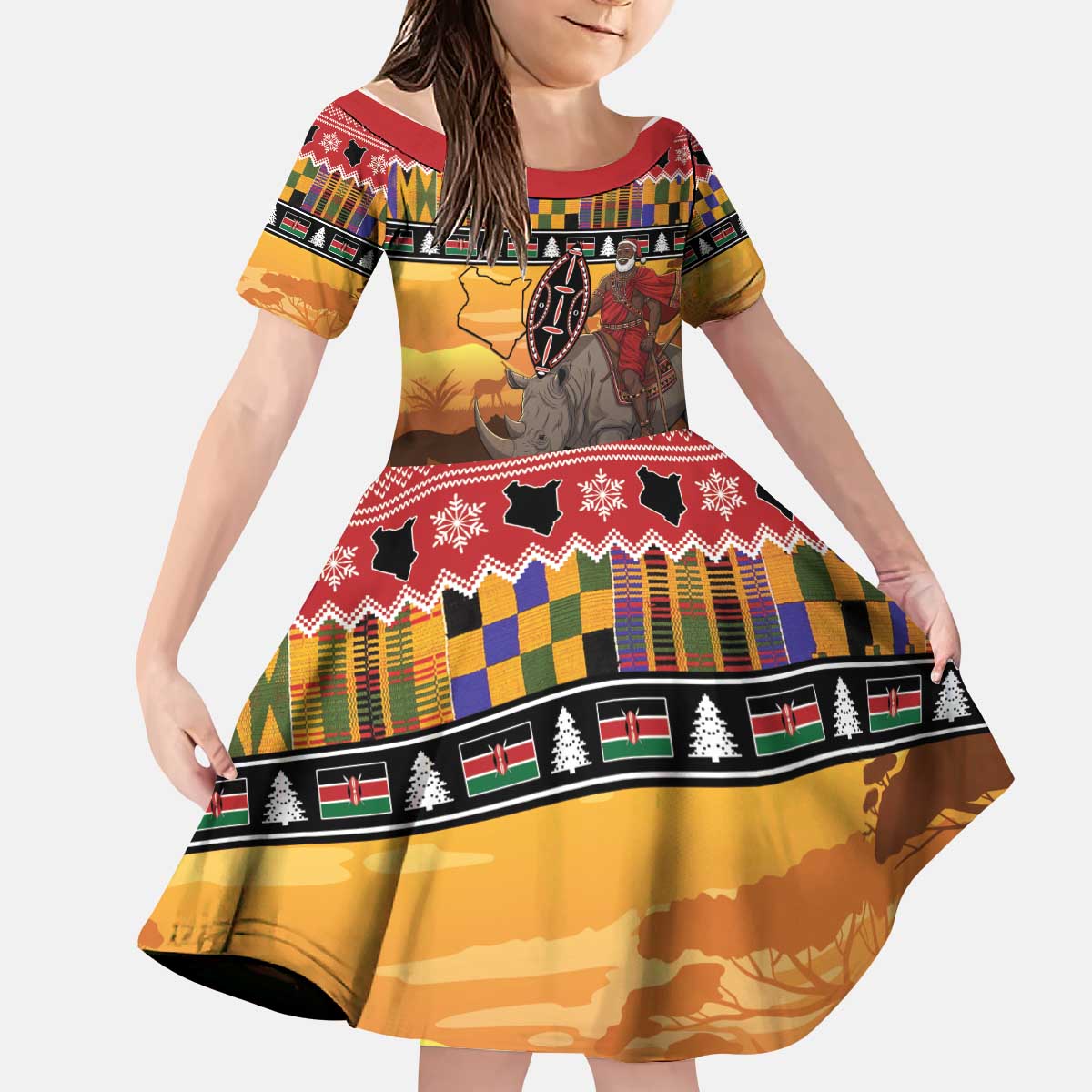 Kenya Safari Christmas Kid Short Sleeve Dress Black Santa Riding Rhinoceros - Heri ya Krismasi - Wonder Print Shop