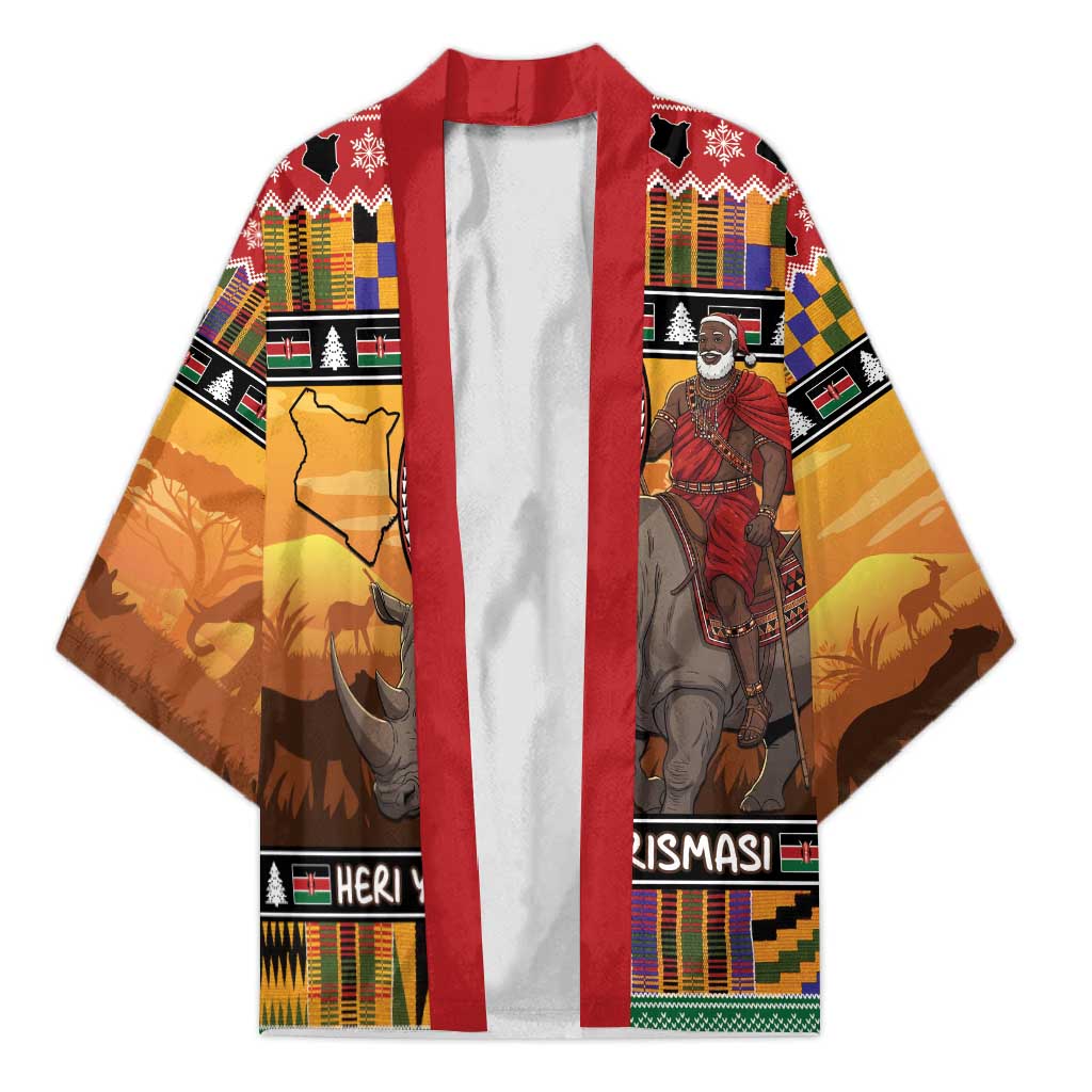 Kenya Safari Christmas Kimono Black Santa Riding Rhinoceros - Heri ya Krismasi - Wonder Print Shop