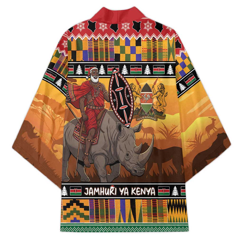 Kenya Safari Christmas Kimono Black Santa Riding Rhinoceros - Heri ya Krismasi - Wonder Print Shop