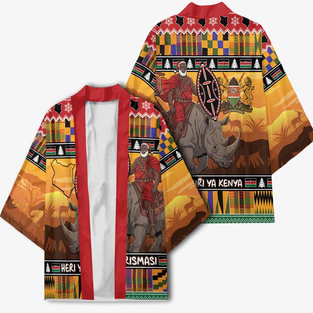 Kenya Safari Christmas Kimono Black Santa Riding Rhinoceros - Heri ya Krismasi - Wonder Print Shop