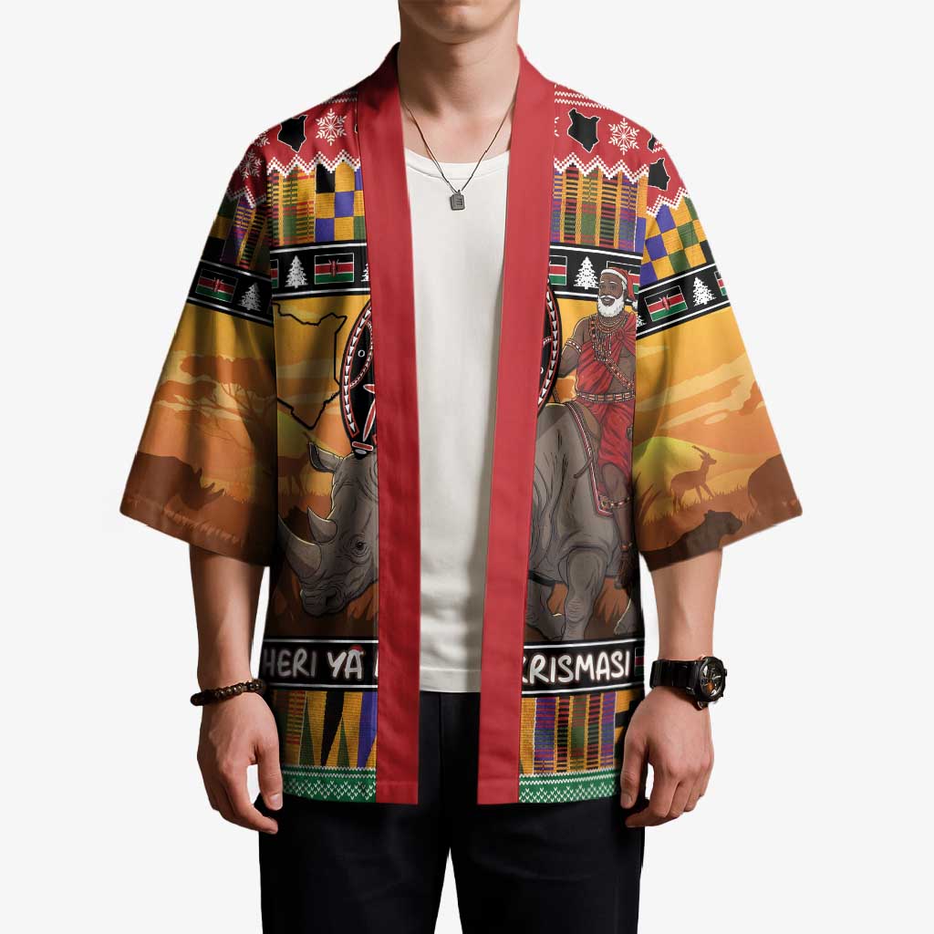 Kenya Safari Christmas Kimono Black Santa Riding Rhinoceros - Heri ya Krismasi - Wonder Print Shop
