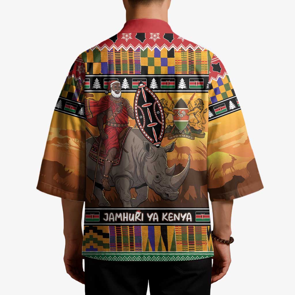 Kenya Safari Christmas Kimono Black Santa Riding Rhinoceros - Heri ya Krismasi - Wonder Print Shop