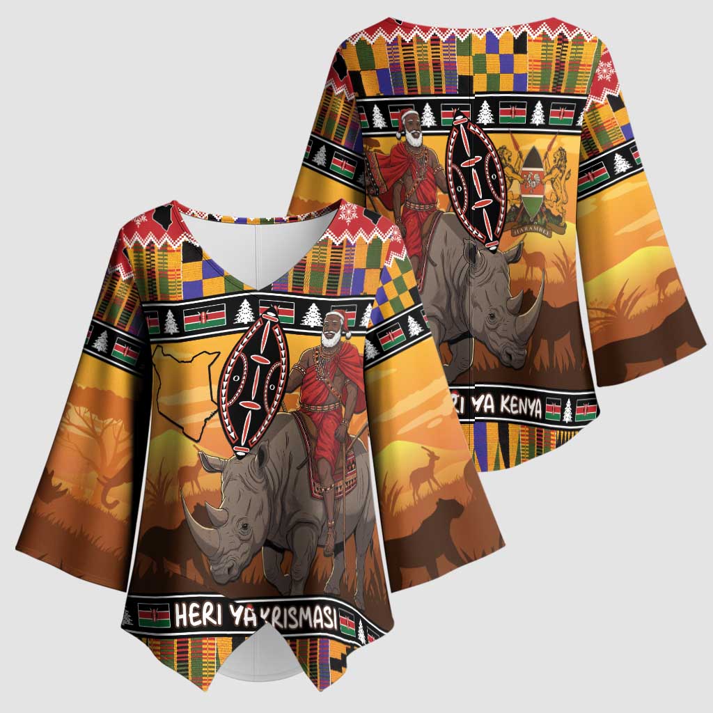 Kenya Safari Christmas Kimono Sleeve Blouse Black Santa Riding Rhinoceros - Heri ya Krismasi - Wonder Print Shop