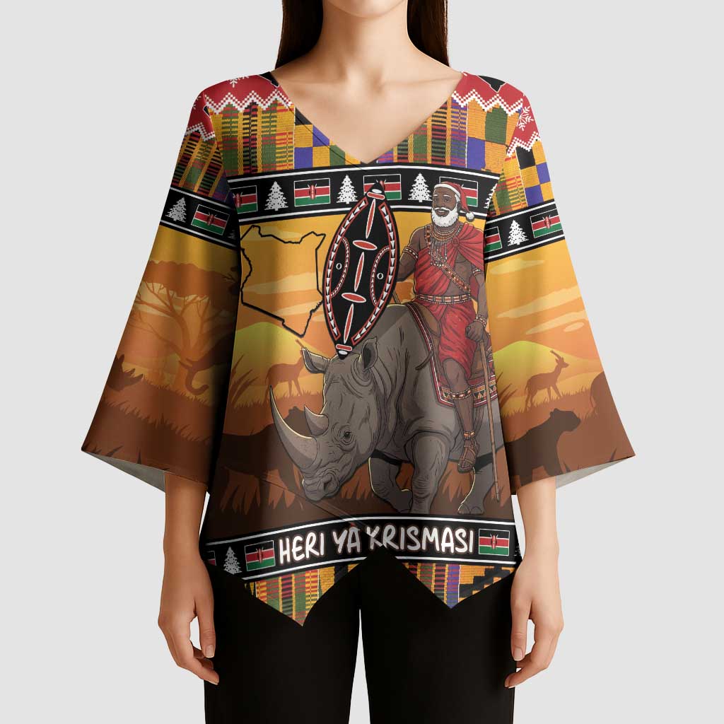 Kenya Safari Christmas Kimono Sleeve Blouse Black Santa Riding Rhinoceros - Heri ya Krismasi - Wonder Print Shop