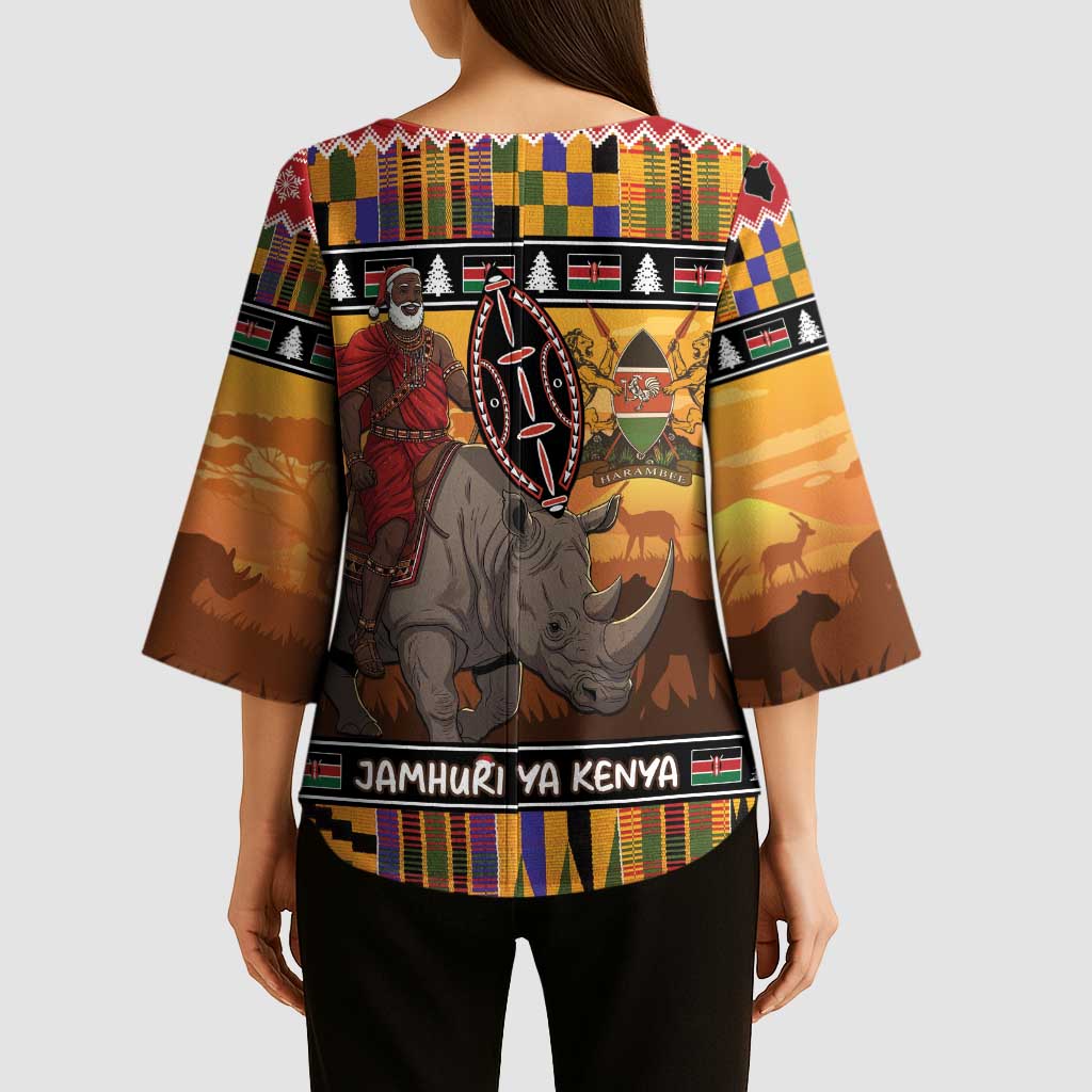 Kenya Safari Christmas Kimono Sleeve Blouse Black Santa Riding Rhinoceros - Heri ya Krismasi - Wonder Print Shop