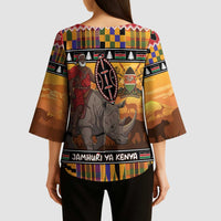 Kenya Safari Christmas Kimono Sleeve Blouse Black Santa Riding Rhinoceros - Heri ya Krismasi - Wonder Print Shop