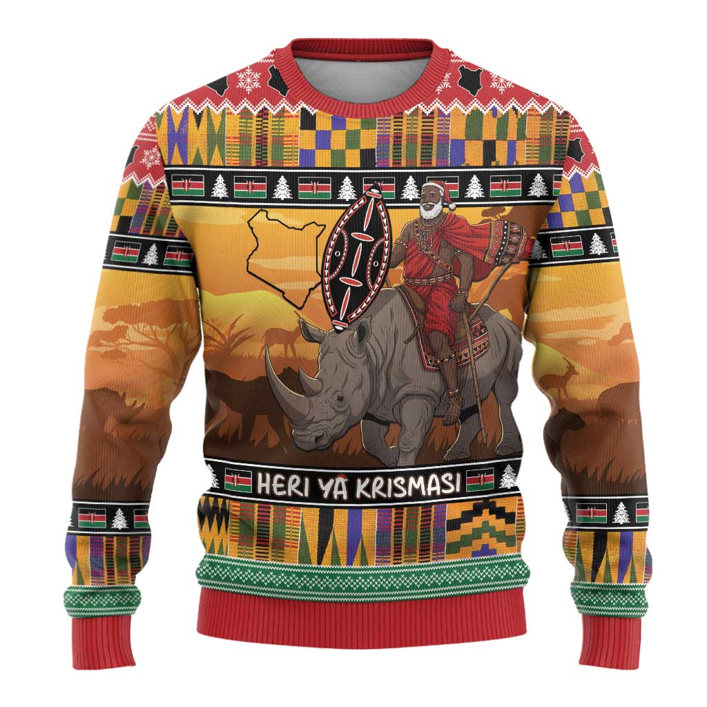 Kenya Safari Christmas Ugly Christmas Sweater Black Santa Riding Rhinoceros - Heri ya Krismasi - Wonder Print Shop