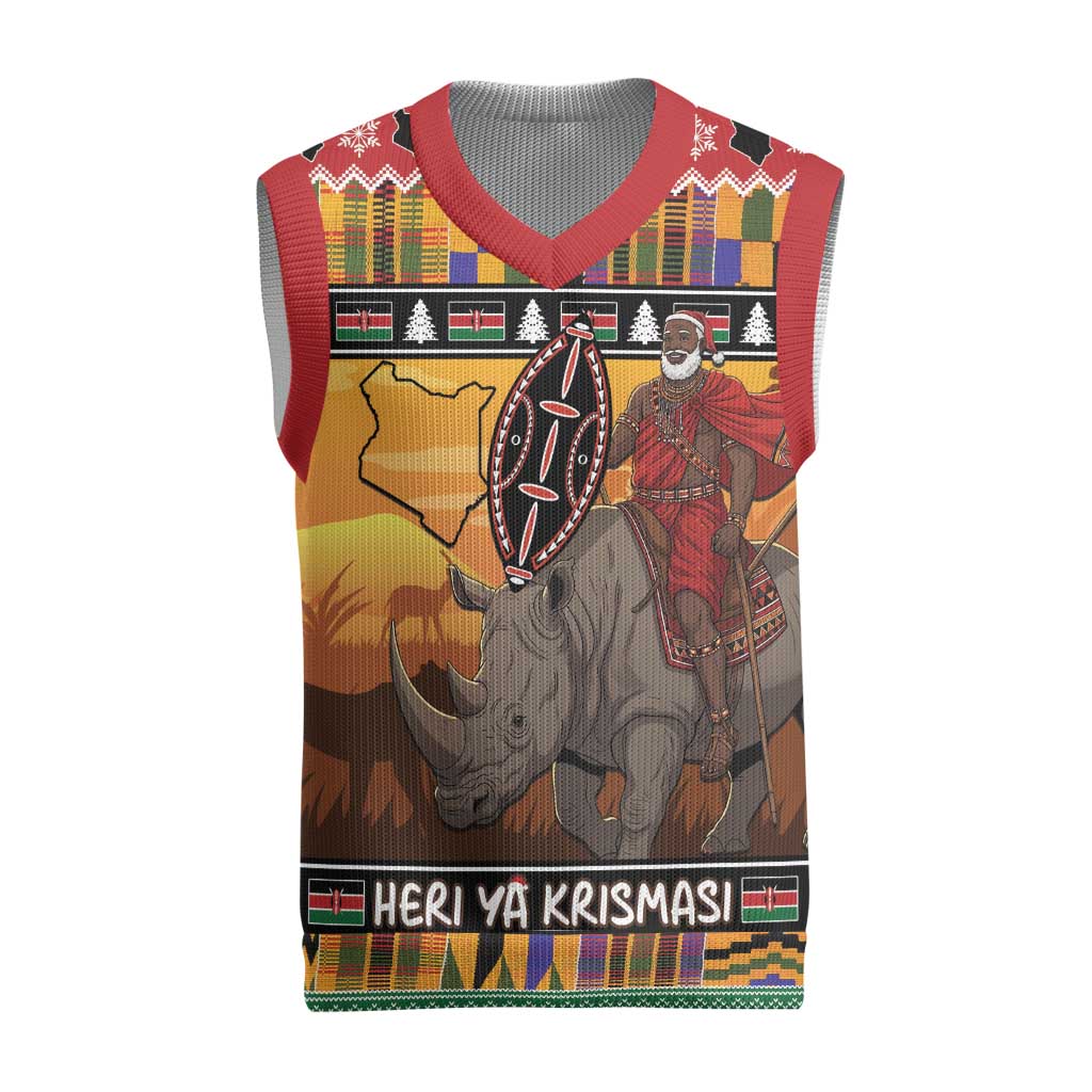 Kenya Safari Christmas Knitted V-Neck Vest Black Santa Riding Rhinoceros - Heri ya Krismasi - Wonder Print Shop