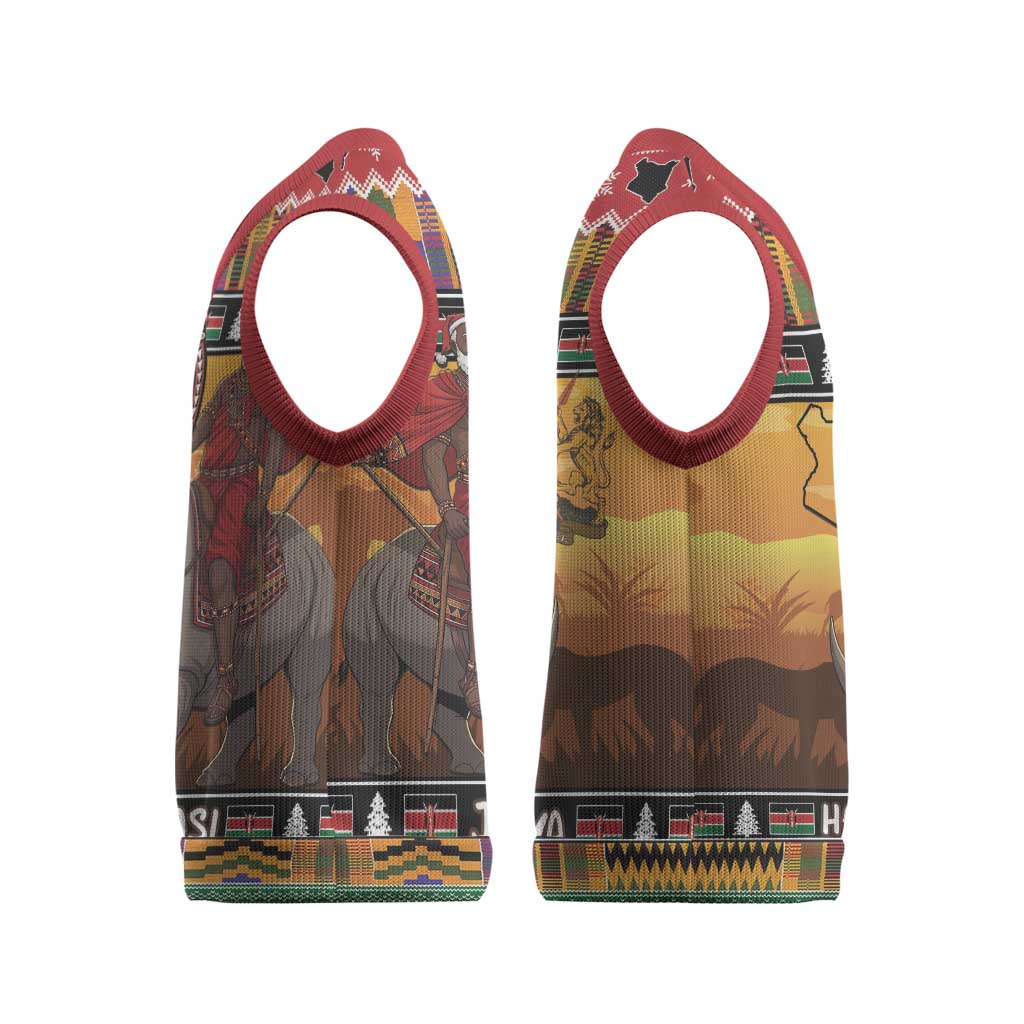 Kenya Safari Christmas Knitted V-Neck Vest Black Santa Riding Rhinoceros - Heri ya Krismasi - Wonder Print Shop