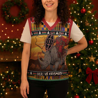 Kenya Safari Christmas Knitted V-Neck Vest Black Santa Riding Rhinoceros - Heri ya Krismasi - Wonder Print Shop